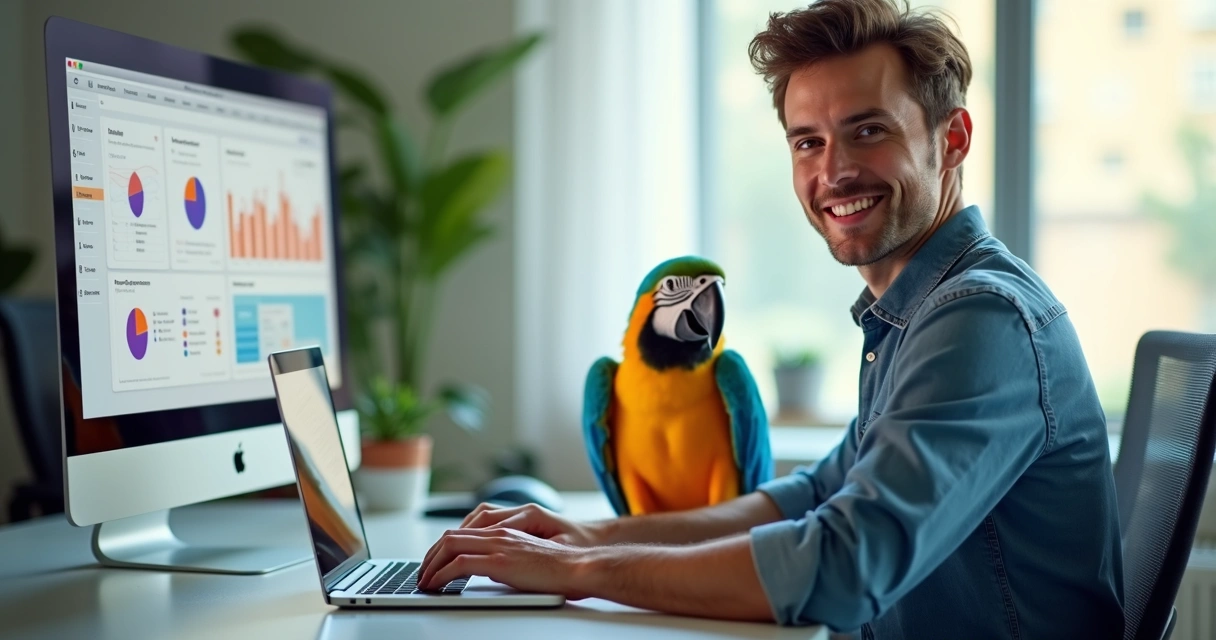 Usuário satisfeito navegando em sistema no-code eficiente com mascote arara azul ao lado 