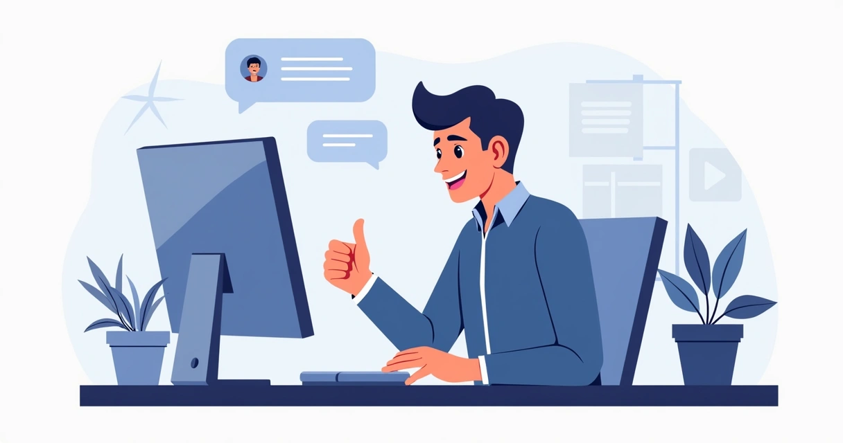 Funcionário satisfeito em frente ao computador conversando com chatbot de suporte 