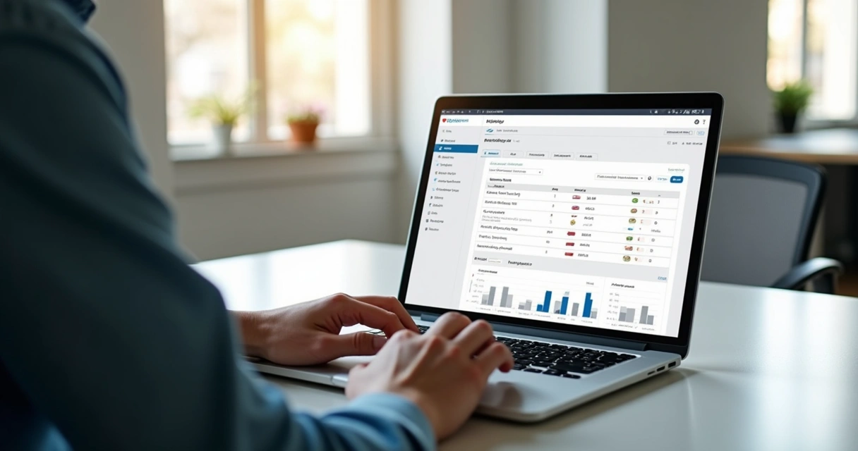 Pessoa utilizando plataforma online para filtrar imóveis em leilão por modalidade com gráficos e listagem na tela 
