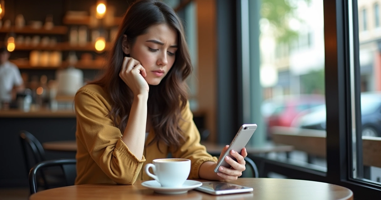 Mulher olhando para smartphone com expressão frustrada, tela de carregamento do site 