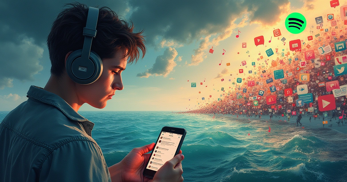 Representação artística de um usuário frustrado com o Spotify, cercado por postagens e memes das redes sociais.