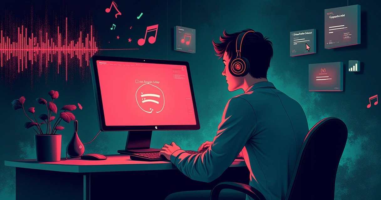 Usuário frustrado tentando acessar o Spotify, com tela de erro e ícones de instabilidade da rede.