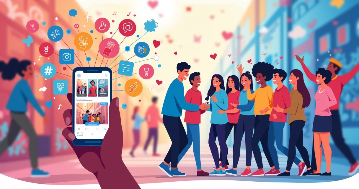 Usuário do Instagram participando de tendências com smartphone na mão e um grupo colaborando ao fundo.