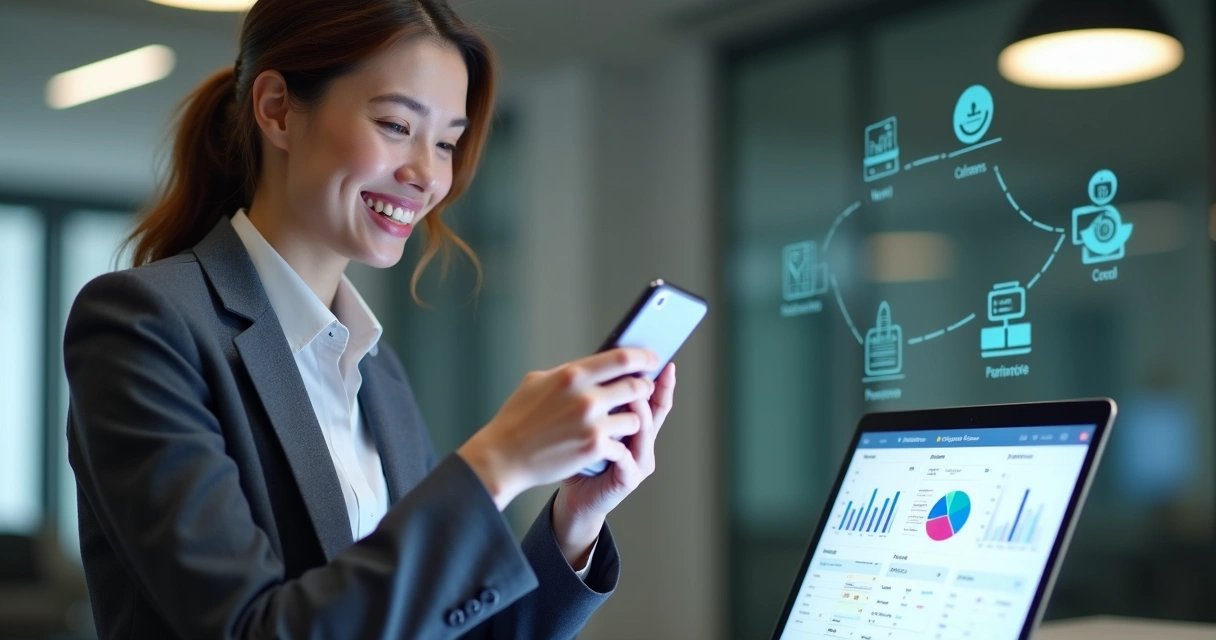Usuário sorrindo enquanto utiliza app em smartphone 