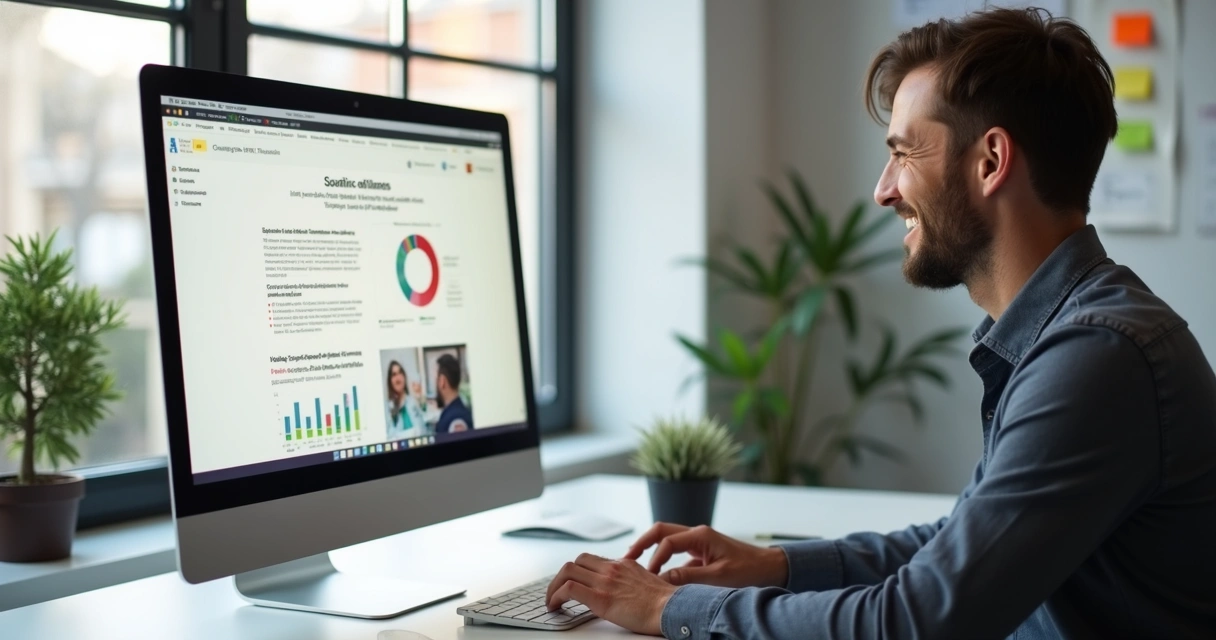 Usuário satisfeito navegando em site institucional