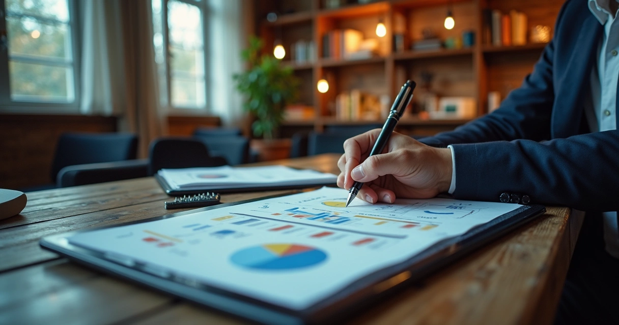 Pequeno empresário usando Power Apps em tablet no escritório moderno com gráficos e planilhas ao fundo 