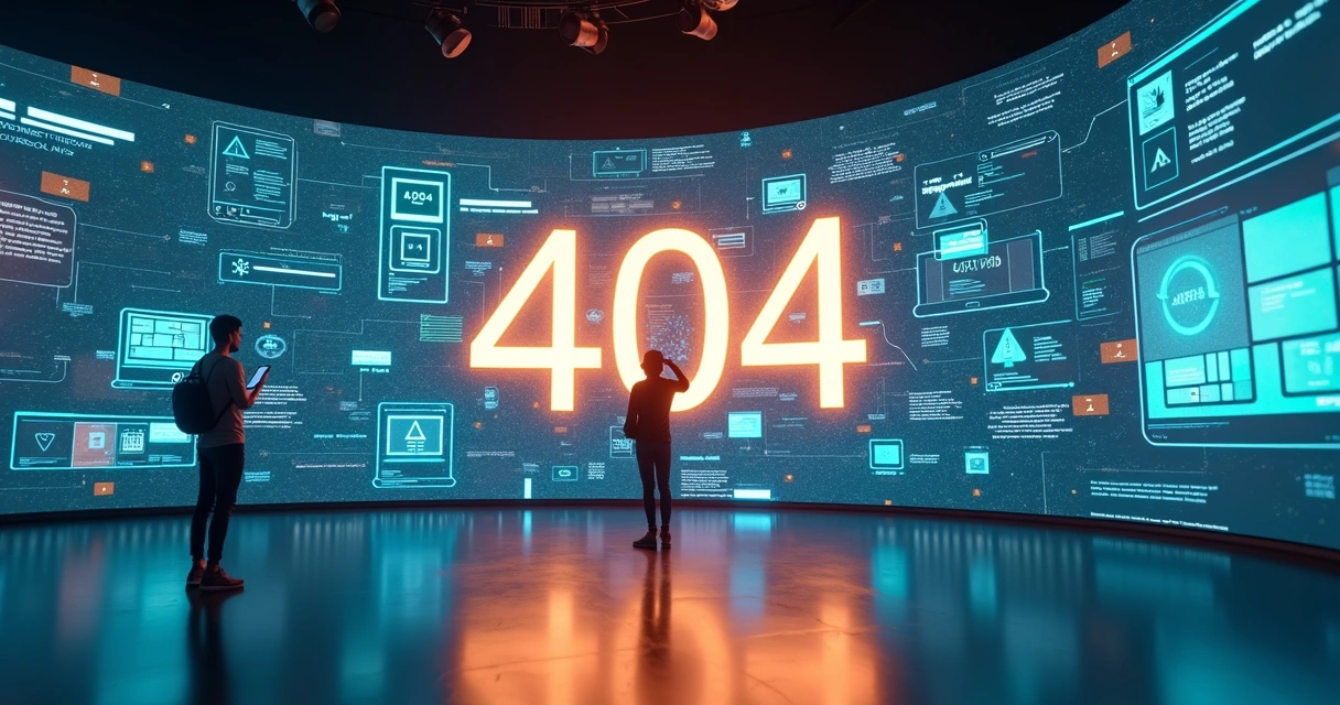 Visitante confuso diante de grande painel digital com erro 404 em destaque 