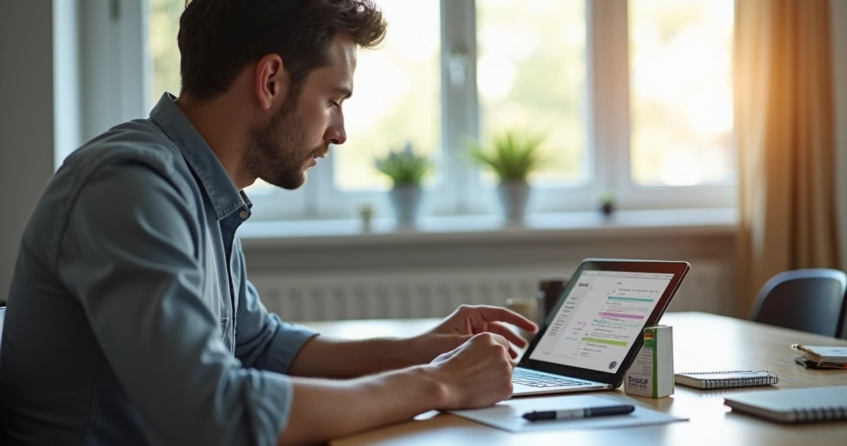 Jovem conferindo calendário de vacinação ao lado de caixa de remédio PrEP