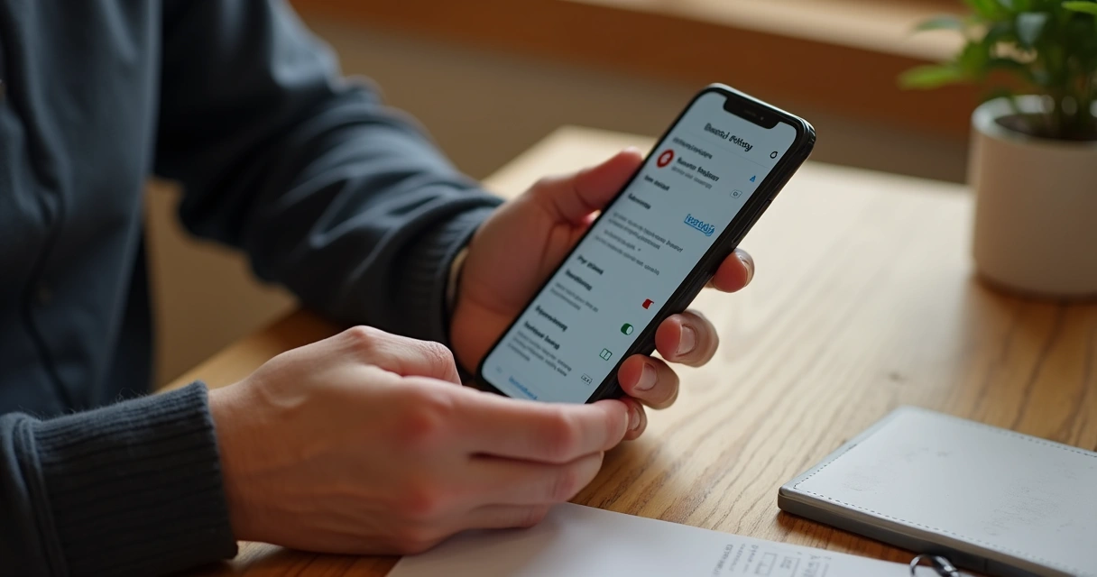 Persona revisa configuración de seguridad en su app bancaria desde el móvil. 