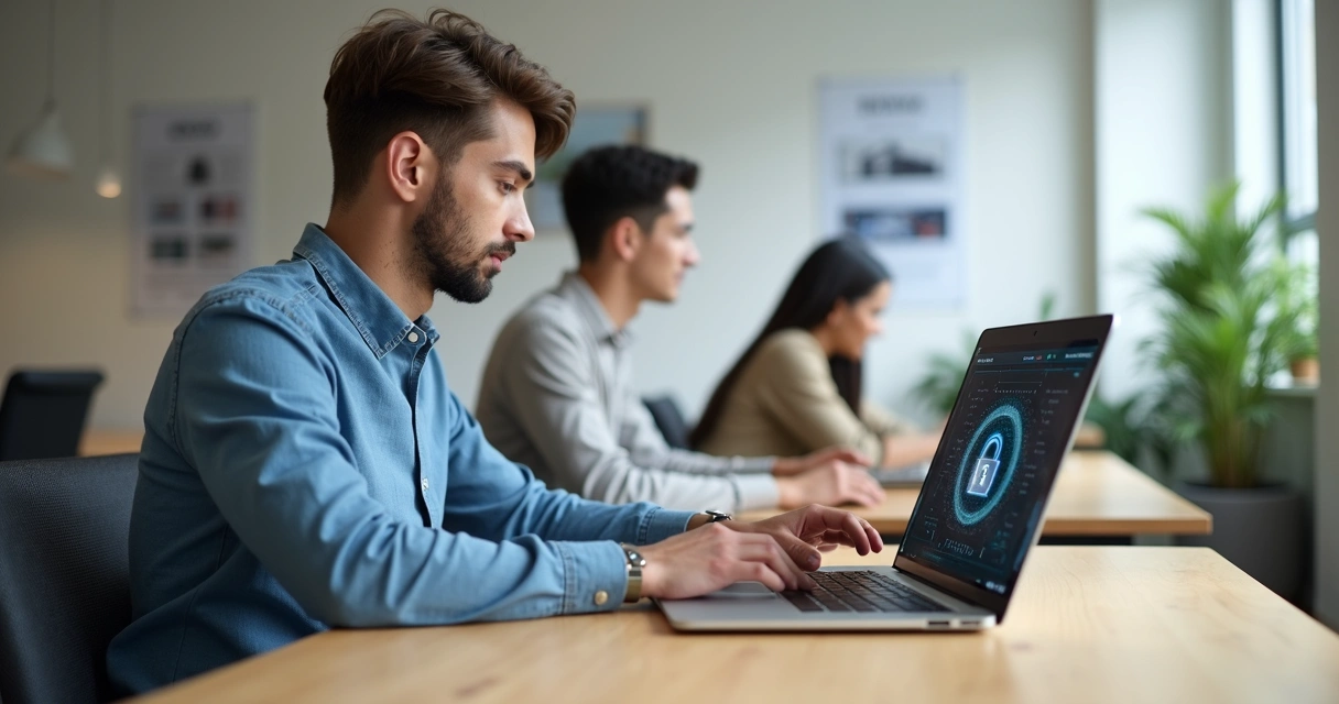 Profissional protegendo dados em coworking moderno 