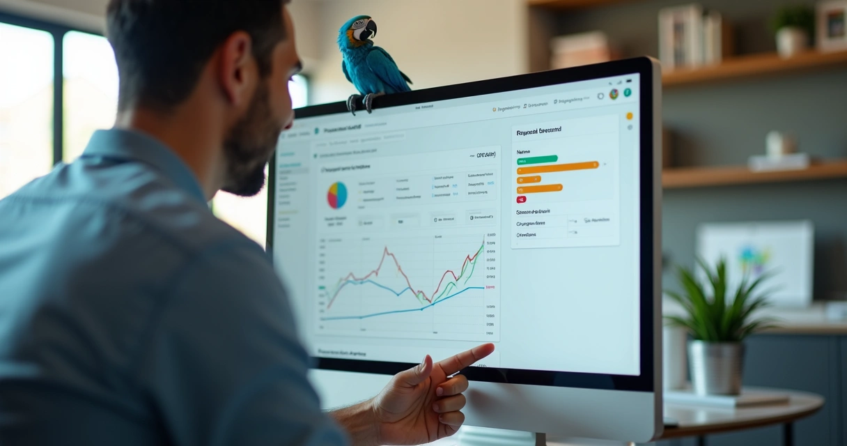 Usuário brasileiro feliz aprovando etapa em dashboard, arara azul ao fundo 