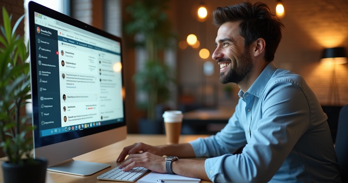 Usuário de software SaaS satisfeito ao interagir com suporte, expressão positiva, interface moderna 