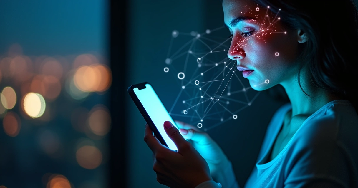 Rosto sobreposto a tela de smartphone exibindo dados digitais 