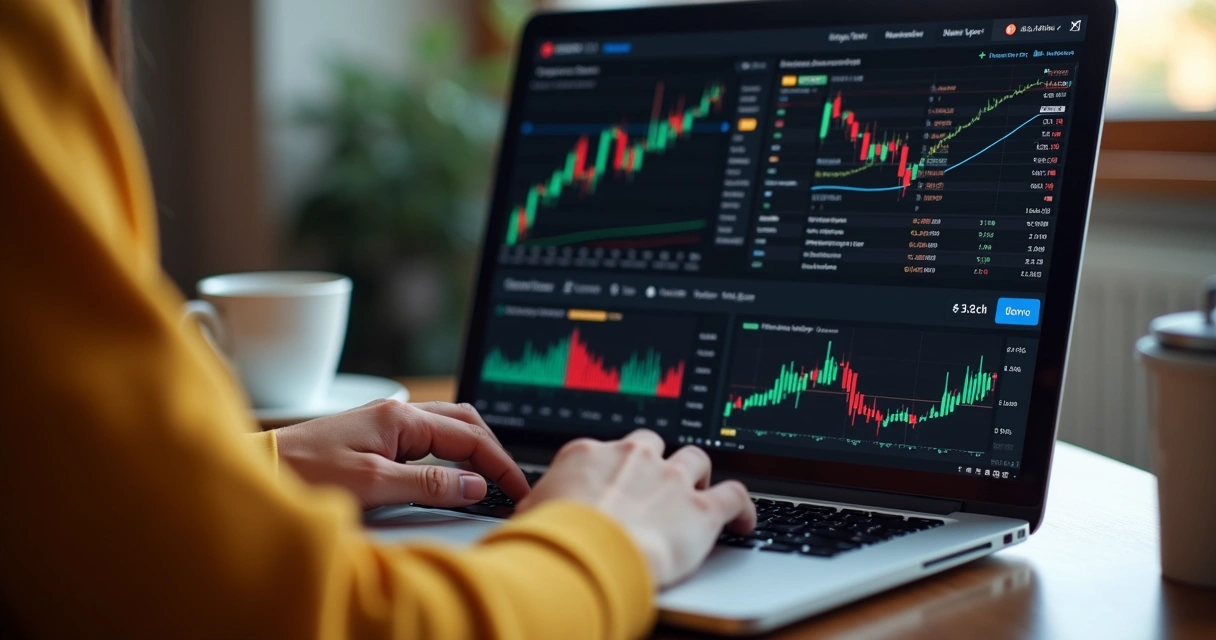 Pessoa usando bot de trading em modo demo no notebook 