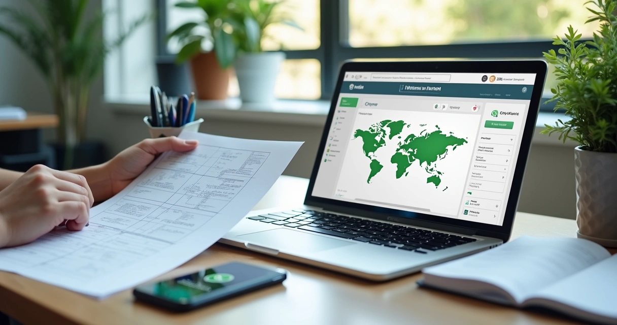 Pessoa usando computador e papel ao mesmo tempo para testar sistema digital com controle manual 