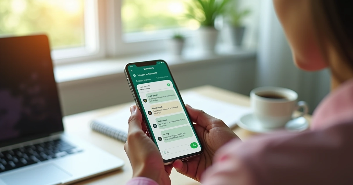 Pessoa usando smartphone para organizar tarefas no WhatsApp em ambiente bem iluminado 