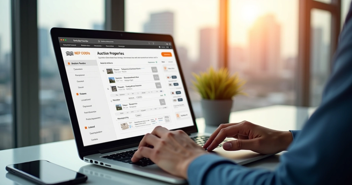 Usuário usando agregador de imóveis de leilão em laptop com filtros de busca avançados na tela 