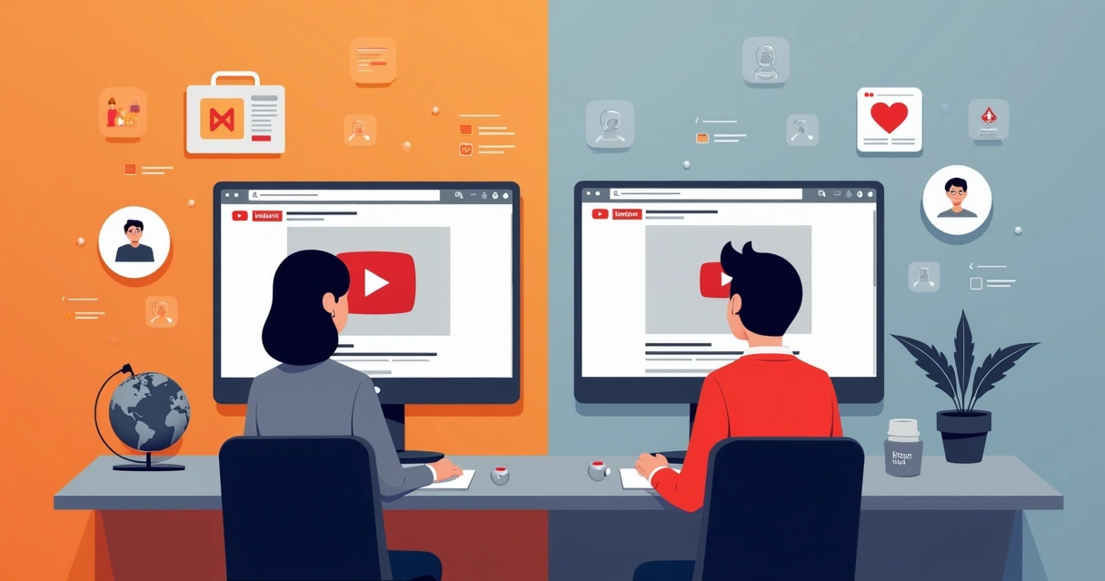 Dois usuários em frente a telas do YouTube, um rodeado por ícones personalizados, outro por elementos genéricos 