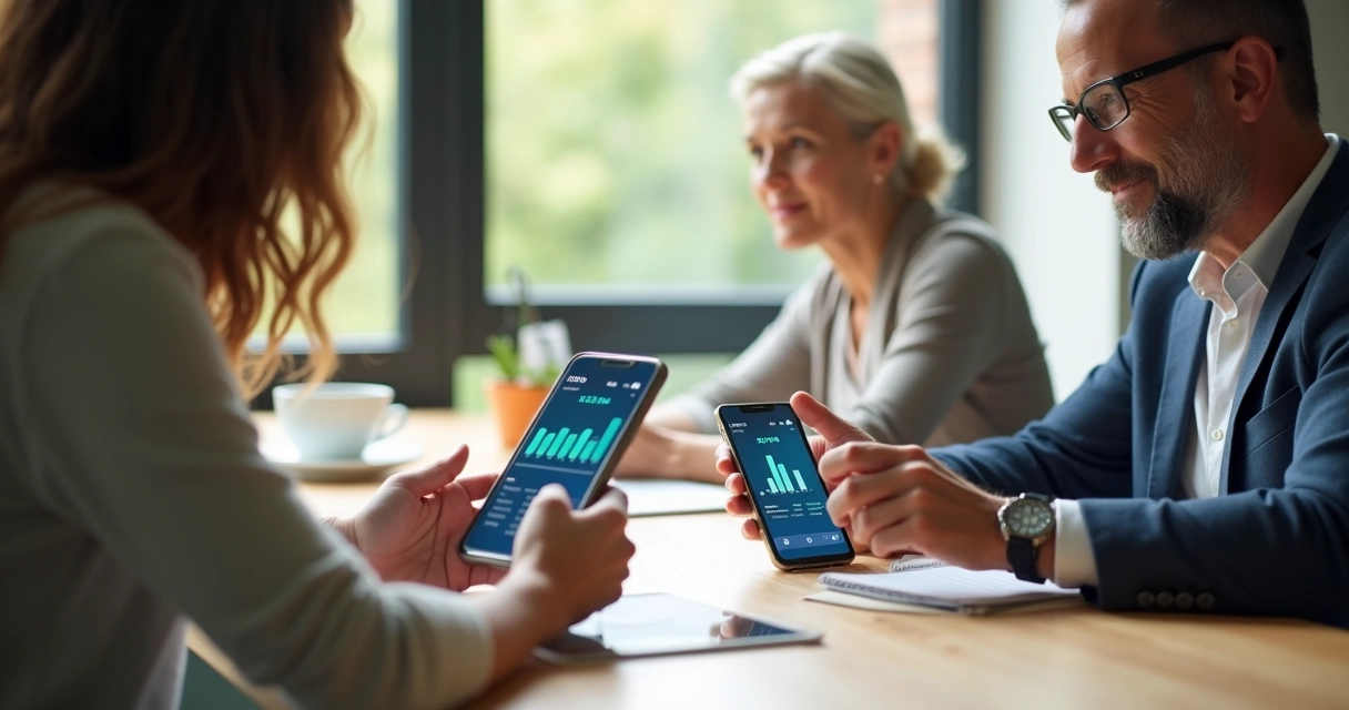 Três pessoas usando aplicativo de finanças automatizadas no celular