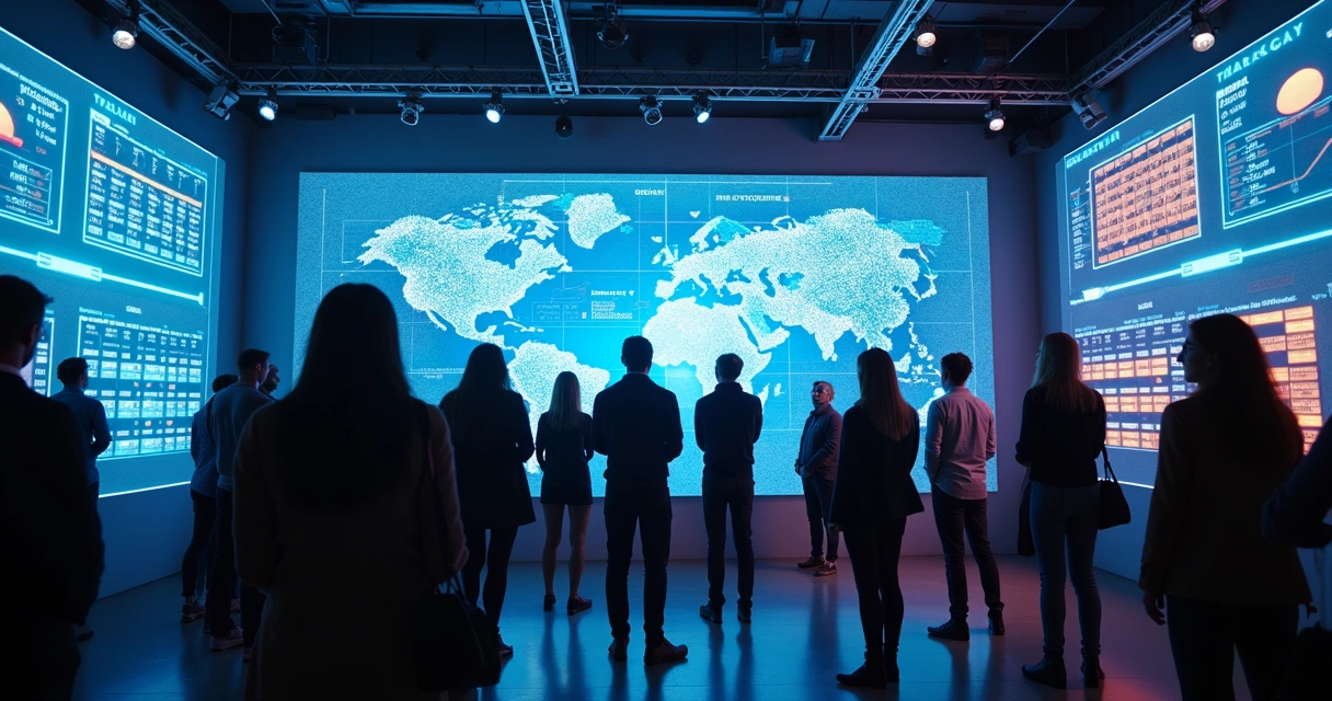 Pessoas em frente a telas digitais analisando previsões 