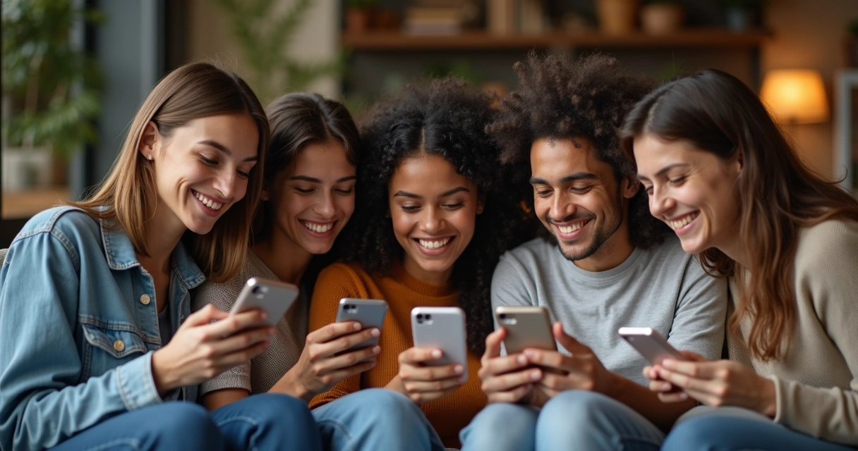 Usuários enviando indicação de app pelo celular em clima de alegria