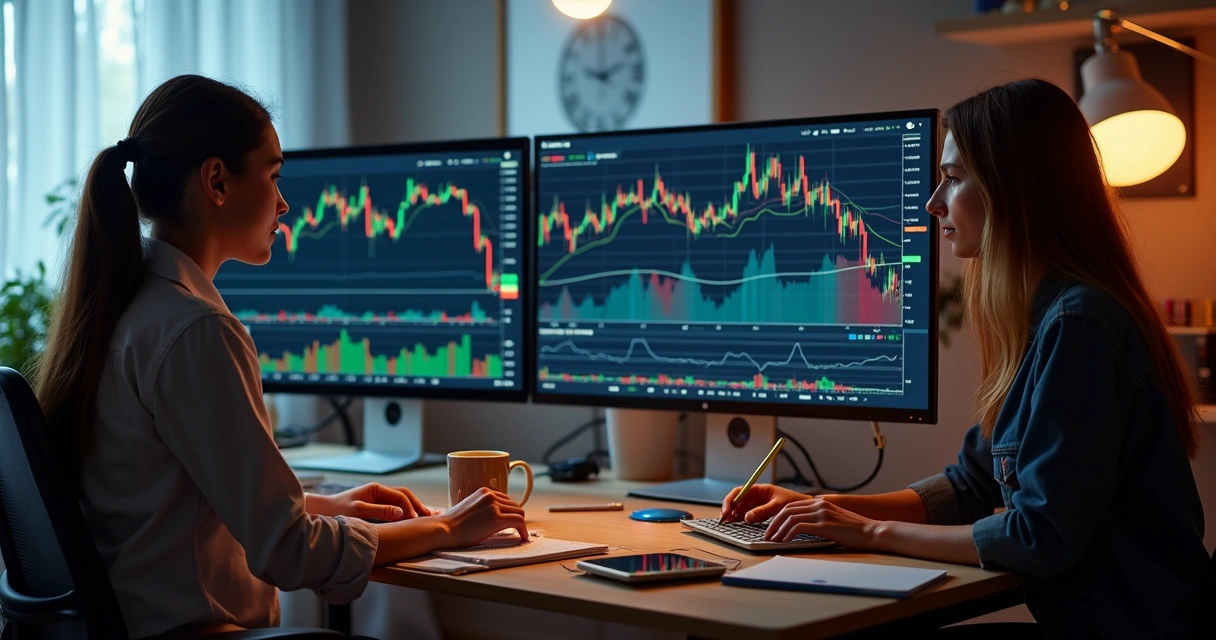 Pessoas analisando gráficos de criptomoedas em computador
