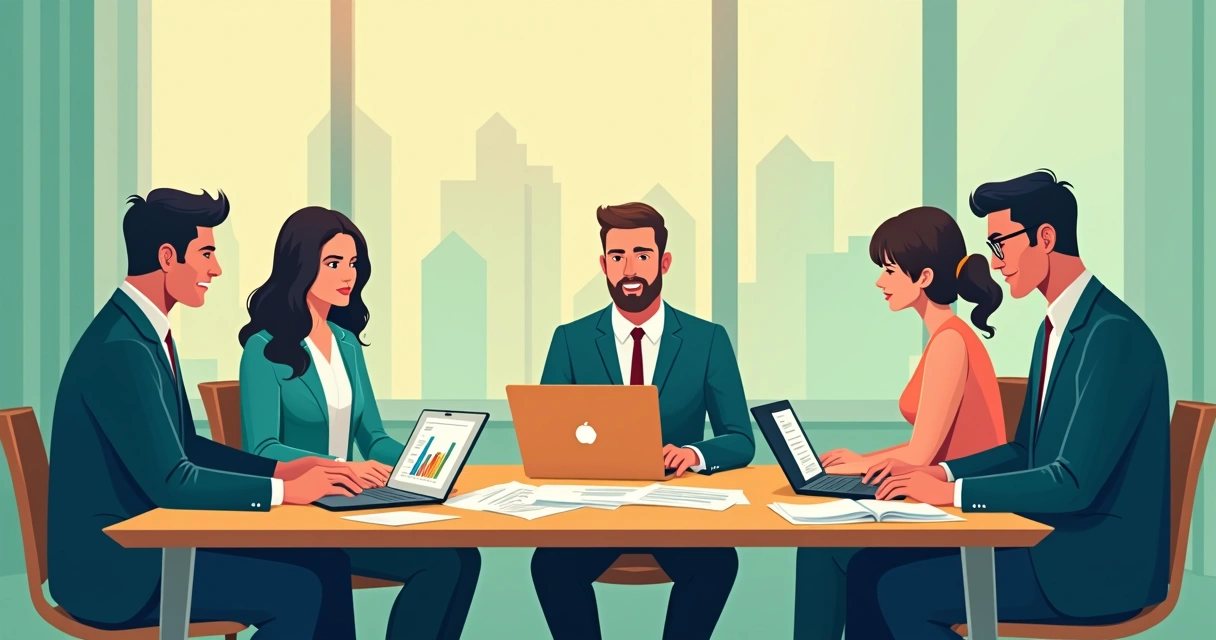 Grupo de profissionais e proprietários consultando licenças em notebooks 