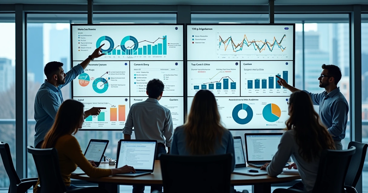 Equipe analisando dados em painéis digitais que mostram gráficos e perfis de usuários 