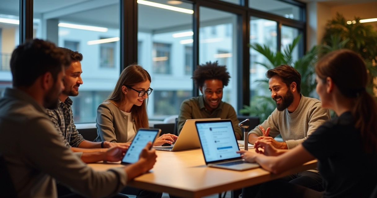 Equipe de uma empresa utilizando apps no-code em diferentes dispositivos 