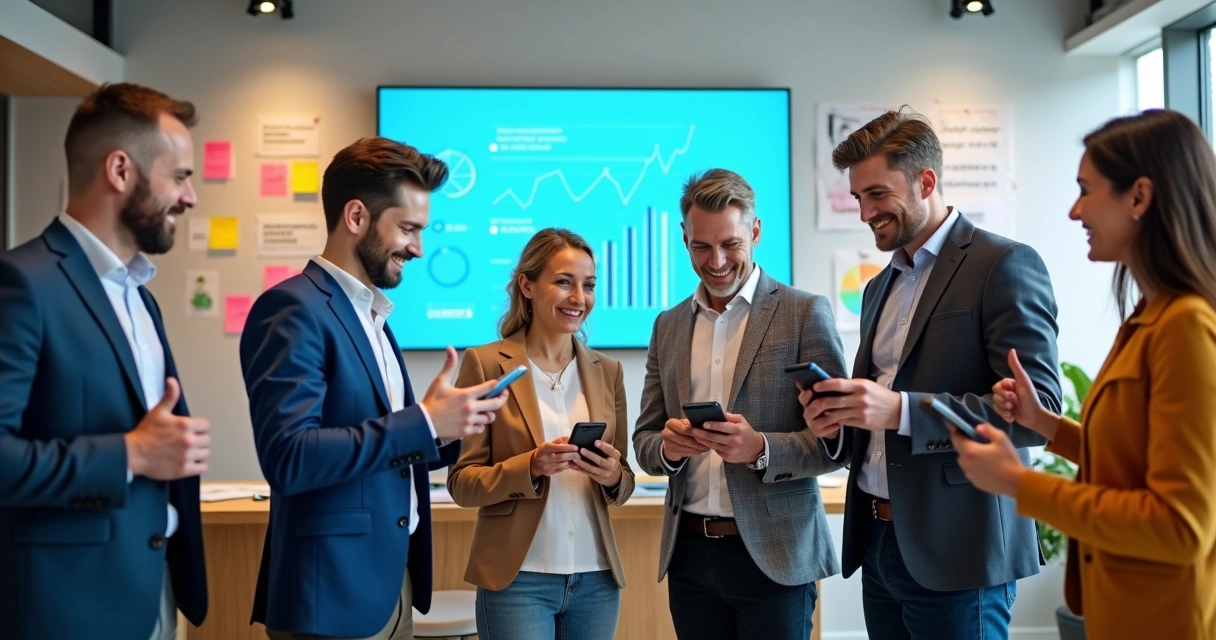 Usuários felizes usando aplicativo em smartphones
