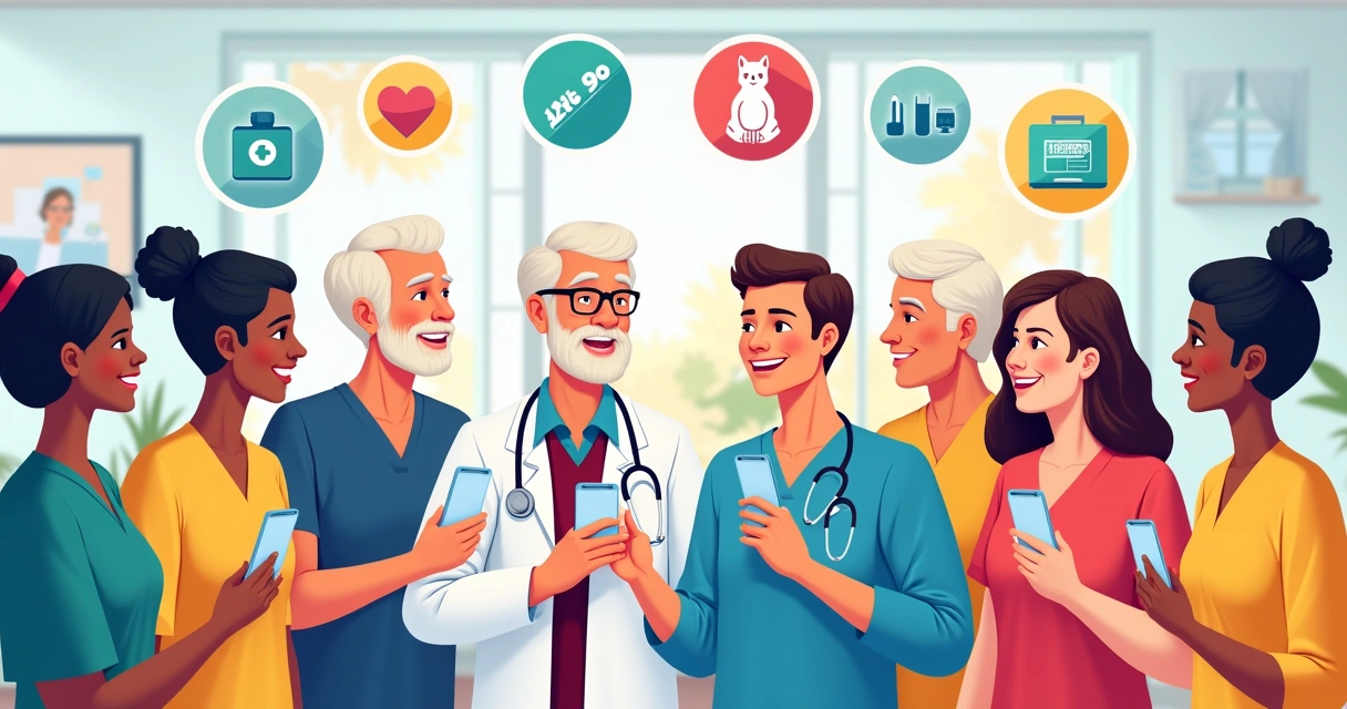 Pessoas felizes usando um cartão de benefícios de saúde digital 