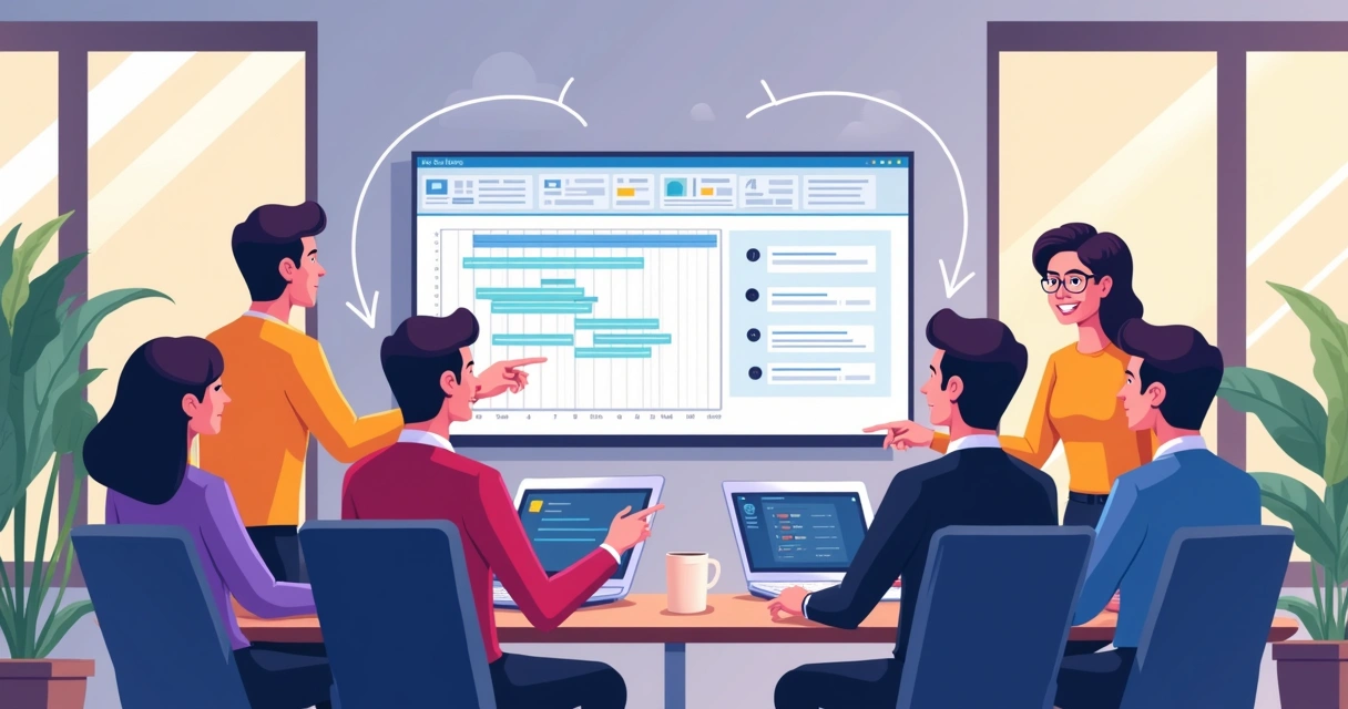 Usuários configurando integração entre MS Project e Teams em uma grande tela com gráficos e tarefas 
