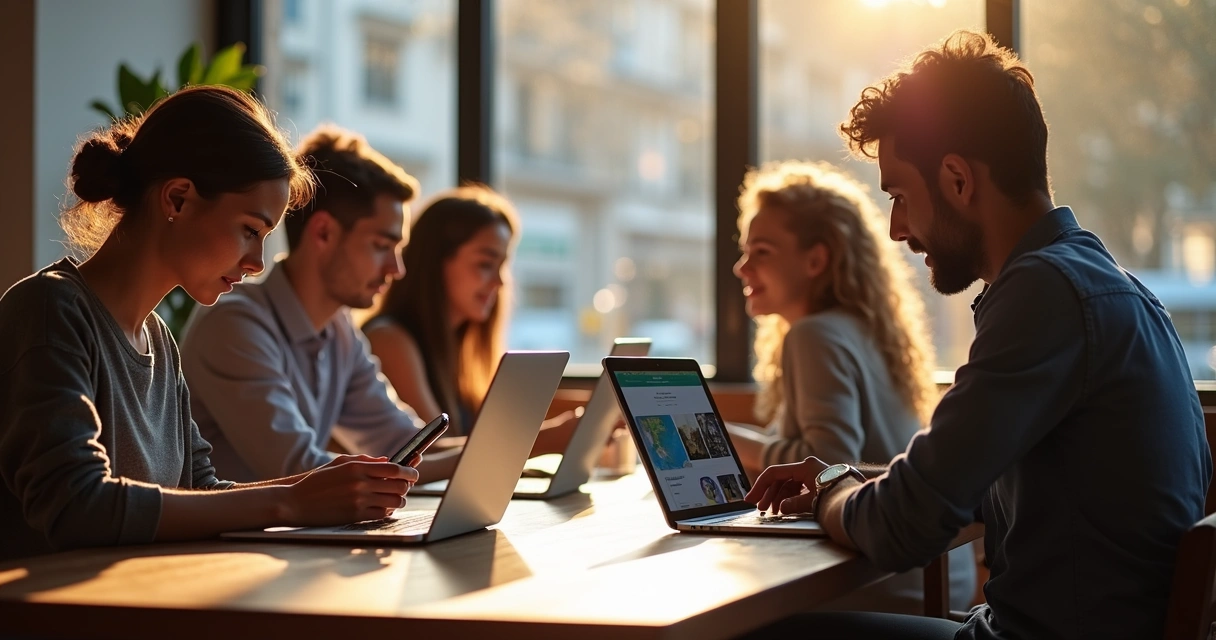 Usuários usando site responsivo no celular e notebook 