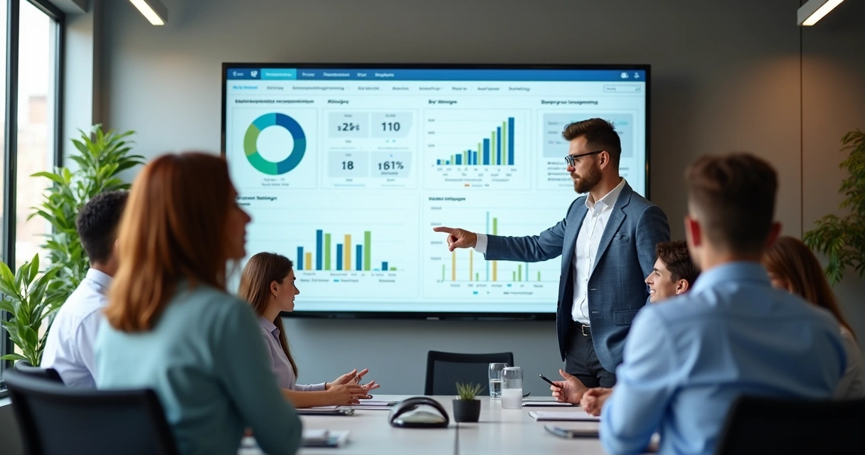 Equipe analisando painel digital de indicadores de atendimento a condomínios 