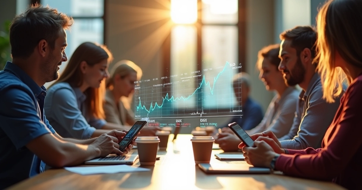 Pessoas olhando gráficos de mercado em celulares 