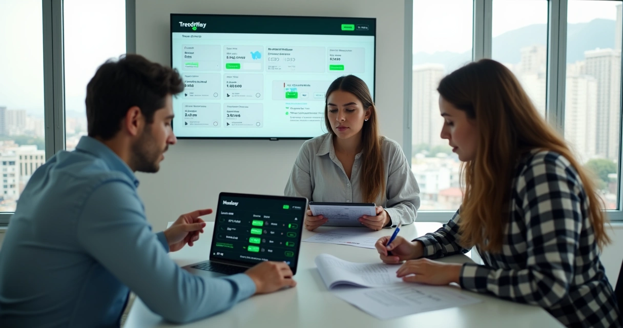 Dois usuários resolvendo disputa com mediador em plataforma financeira digital 