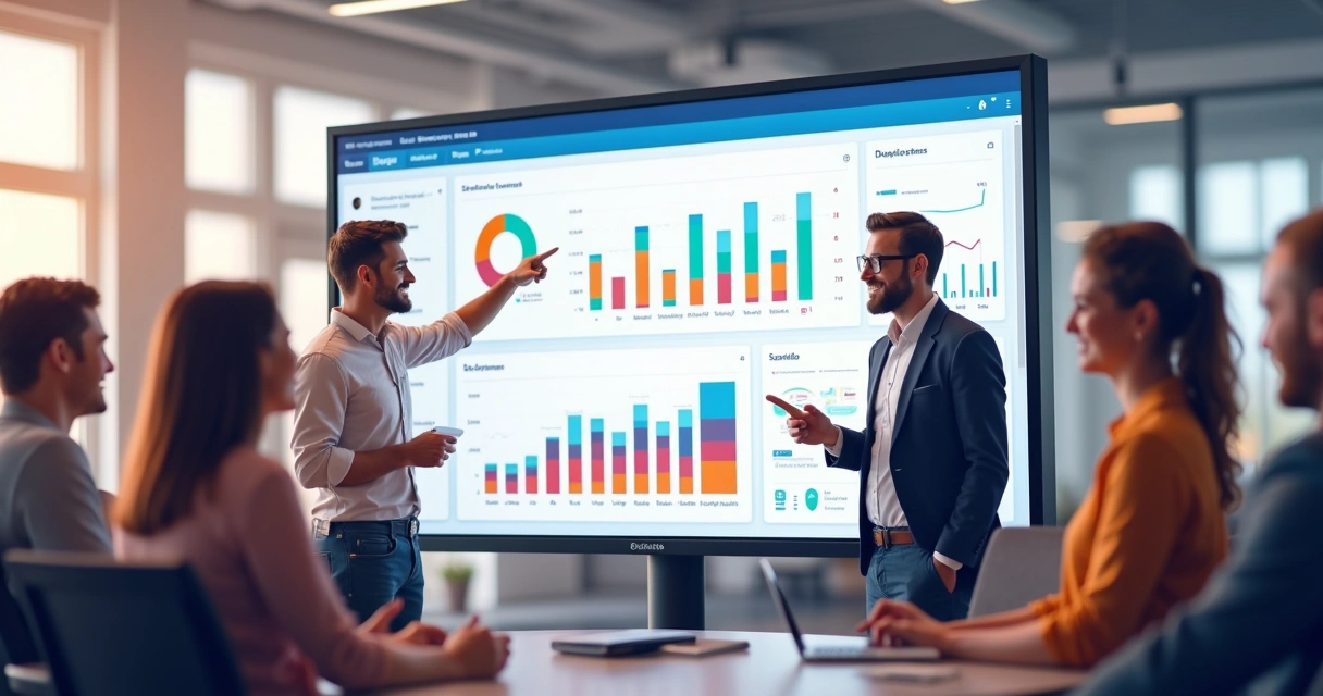 Usuários interagindo animados em um site com design moderno 