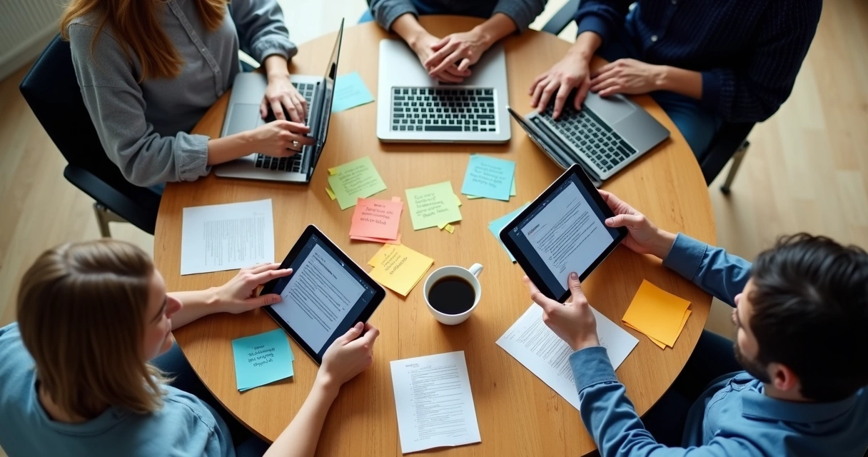 Usuários usando aplicativo digital em tablets numa mesa redonda