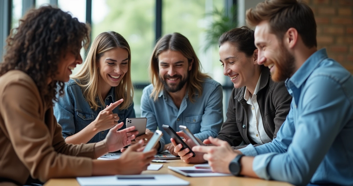 Grupo de pessoas testando aplicativo mobile em diferentes celulares 