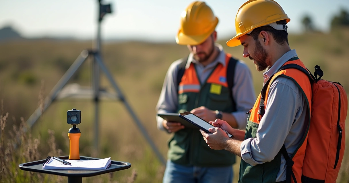 Consultores ambientais testando sistema no celular em campo 