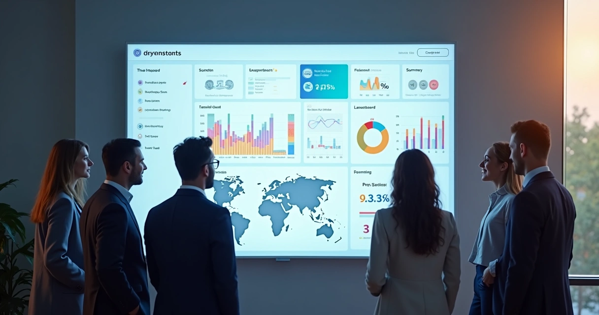 Equipe reunida analisando painel digital com gráficos, ranking e medalhas. 