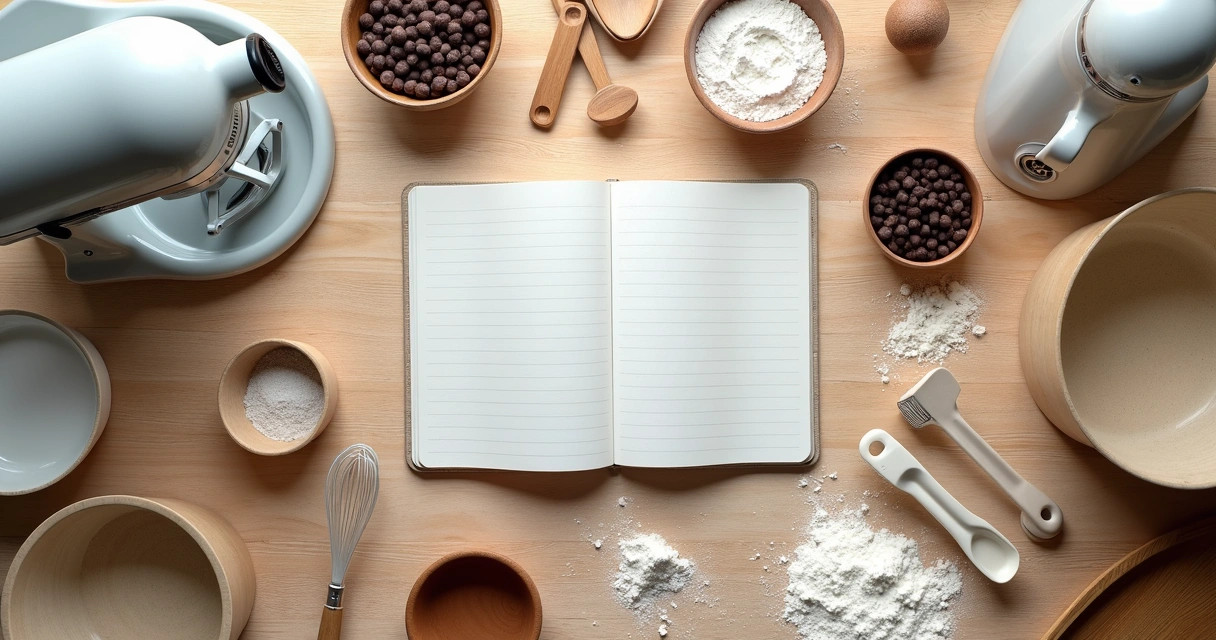 Utensílios de confeitaria espalhados em uma mesa 