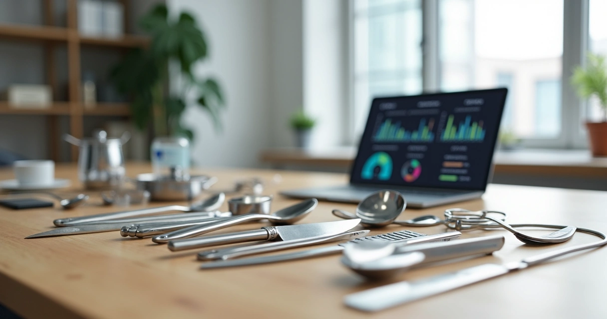 Diversos utensílios importados de cozinha, escritório e hospitalar organizados sobre mesa clara 