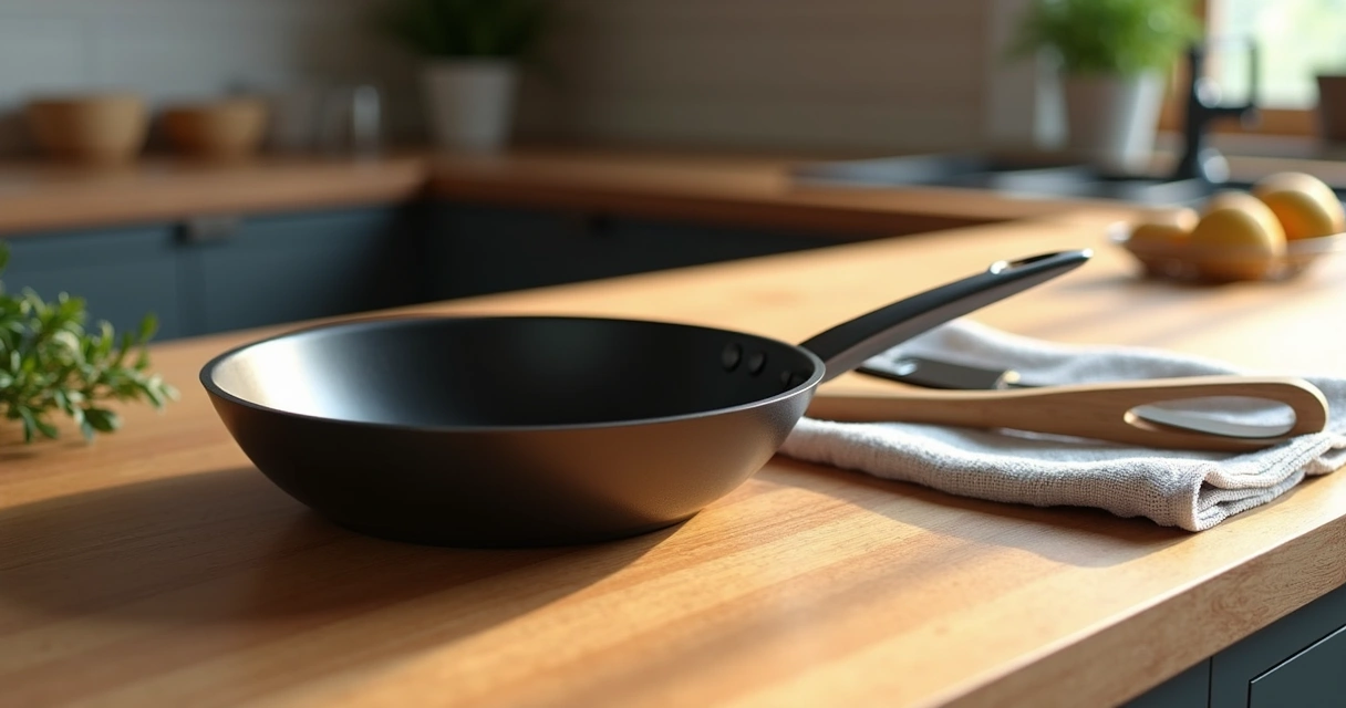 Cinco utensílios comuns para técnica poêler alinhados em bancada 