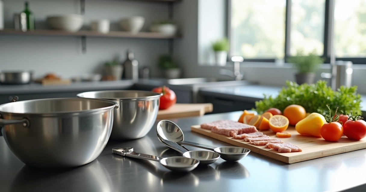 Utensílios de cozinha para porcionamento alinhados em bancada 