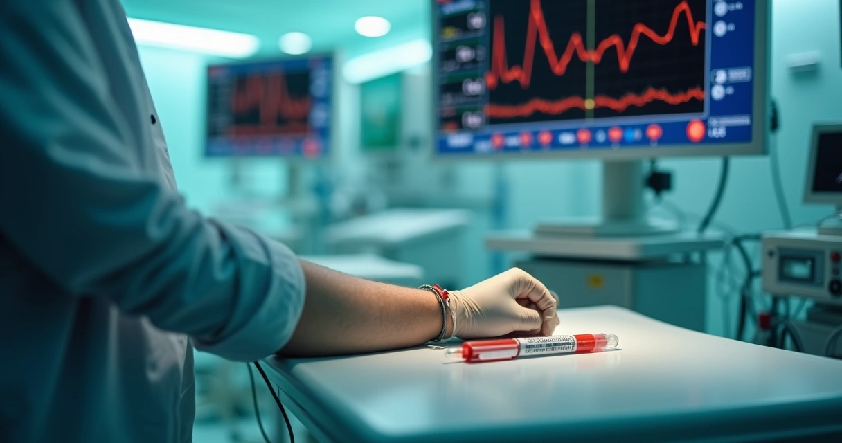 Médico avaliando gasometria arterial em monitor ao lado de leito de UTI adulto 