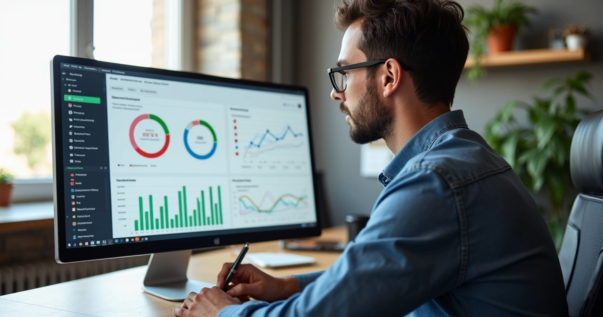 Consultor de vendas analisando dados em tela de computador, sentado, com gráficos coloridos 