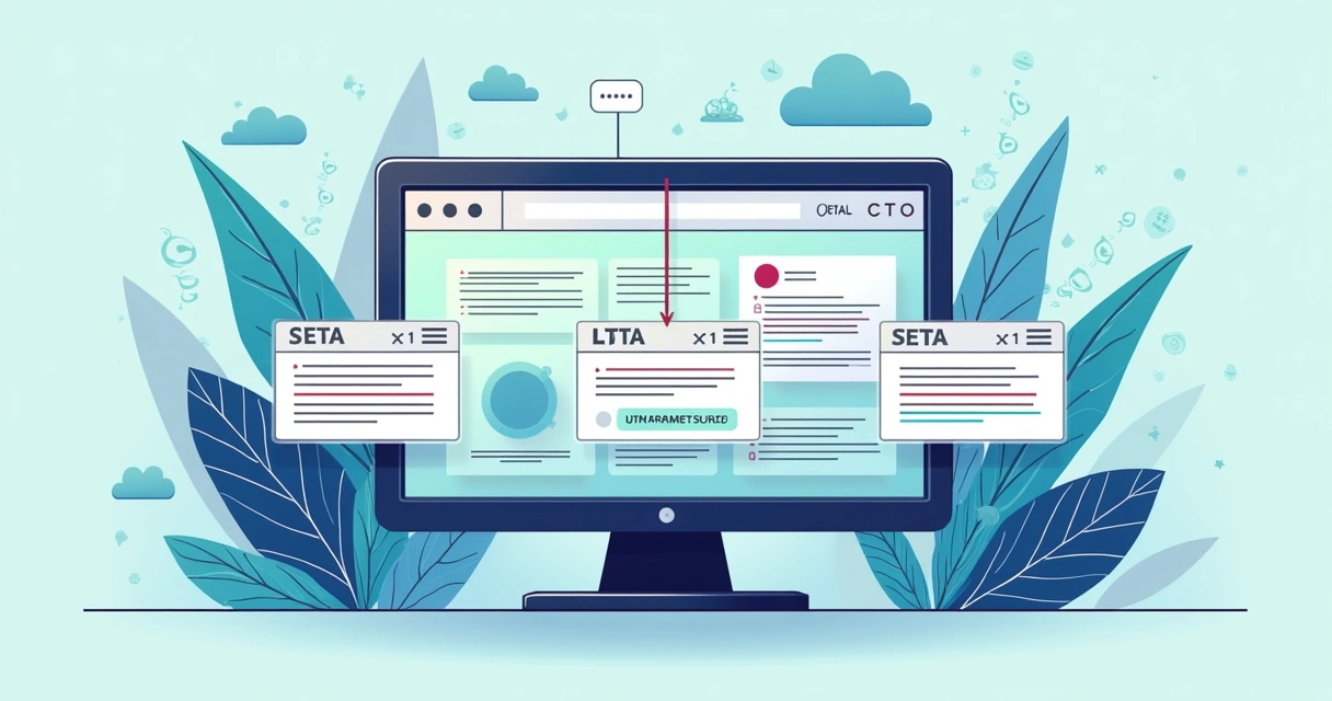 URL com parâmetros UTM destacados em diferentes áreas de uma página de campanha B2B 