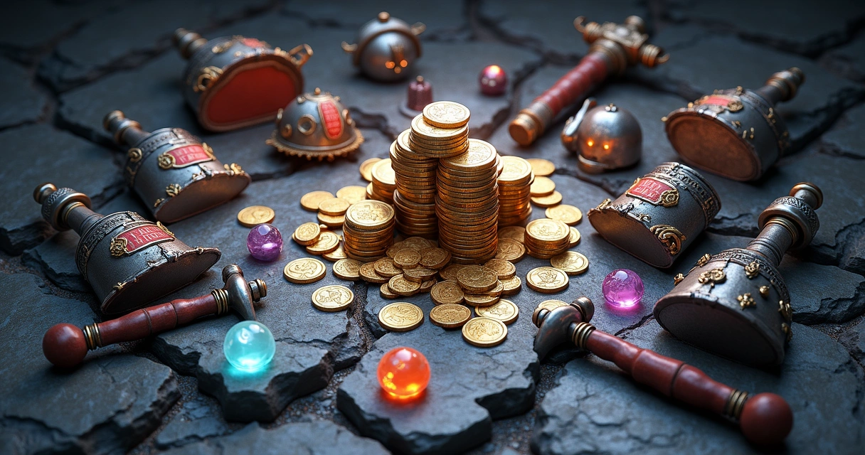 Coleção de itens lootados pelo monstro Utua Stone Sting em Tibia, exibindo moedas, poções e equipamentos raros sobre fundo escuro 