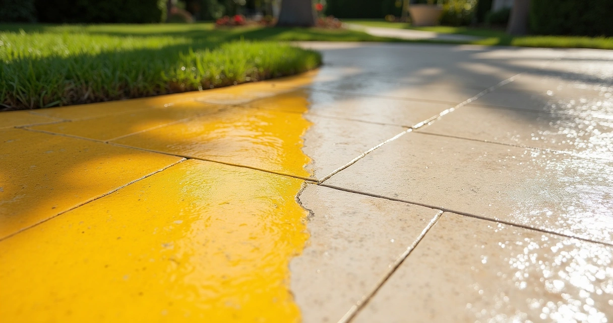 Close-up of a UV-stable epoxy coating on outdoor concrete in sunlight 